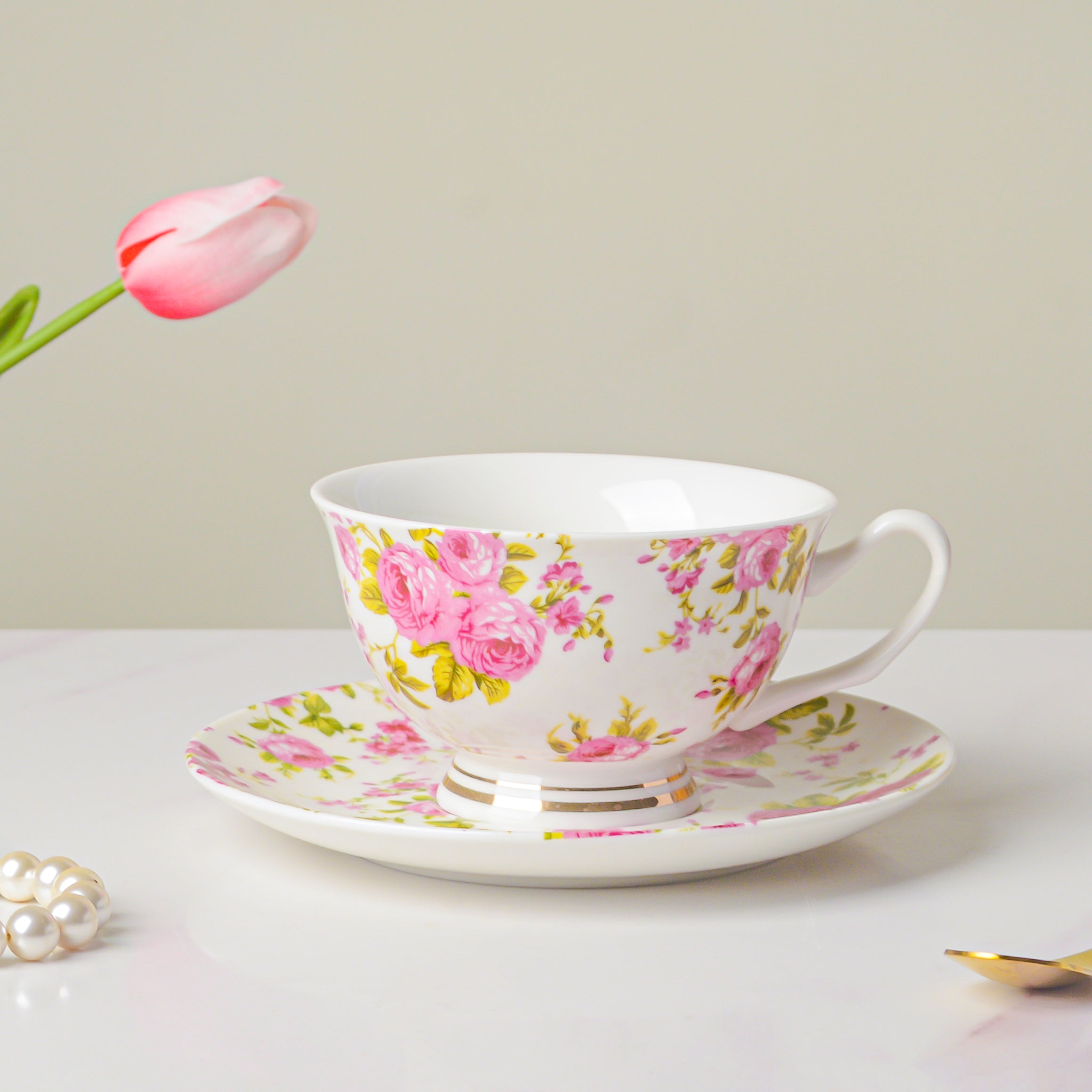 Pink Rose Ceramic Cup And Saucer Set 150 ml
