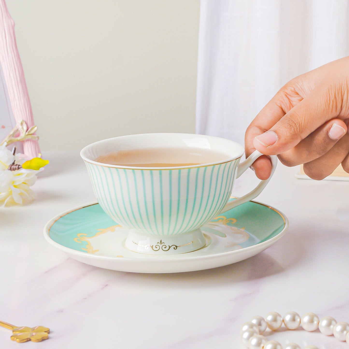 Lined English Teacup And Saucer Set Turquoise 150 ml