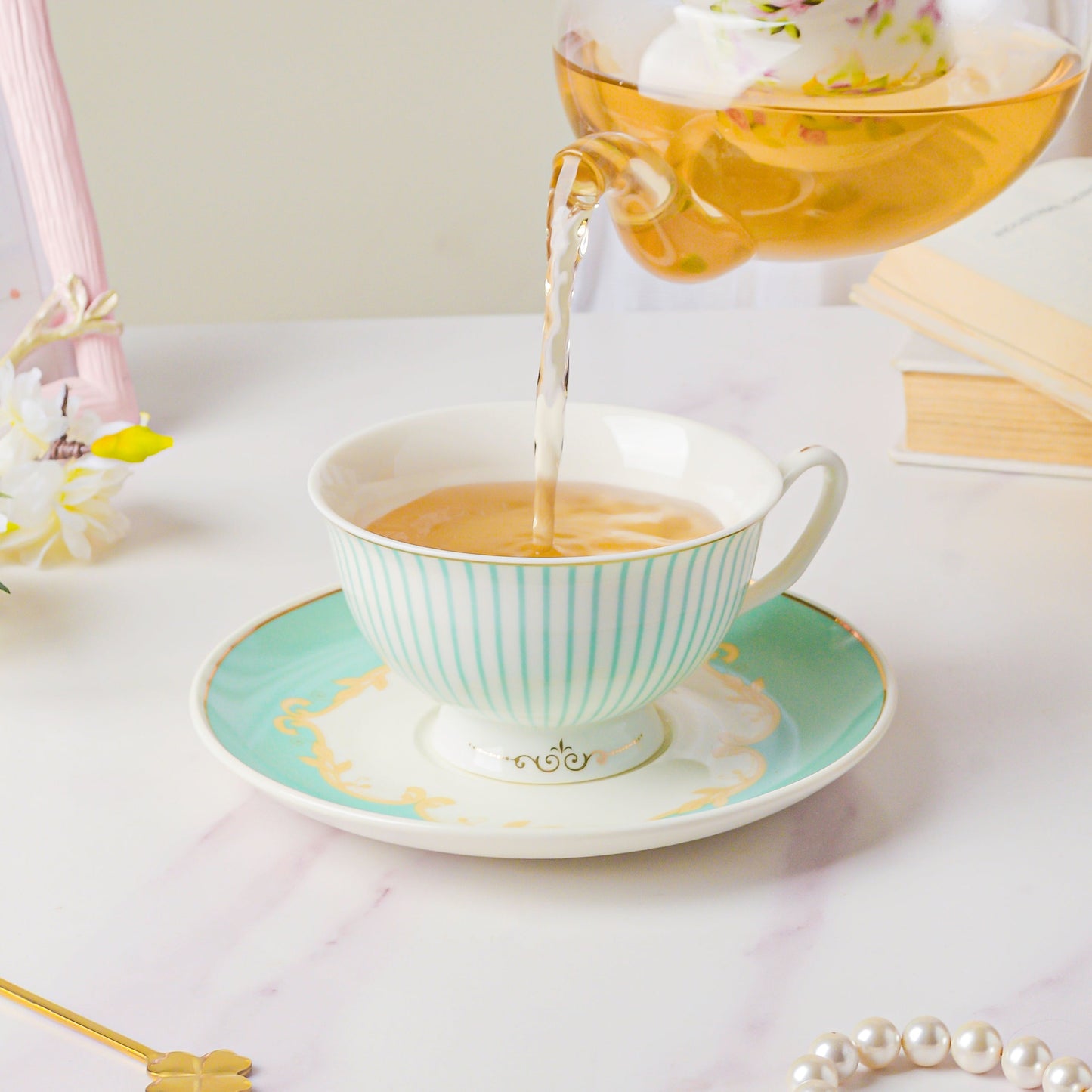 Lined English Teacup And Saucer Set Turquoise 150 ml