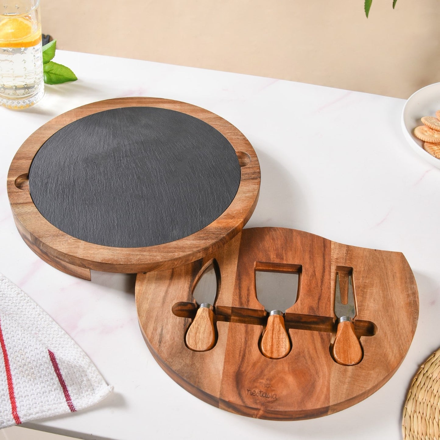 Round Wooden Charcuterie Board With Cheese Knives