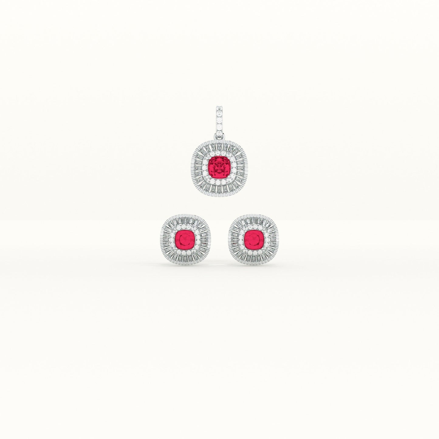 Red Crystal Halo 925 Sterling Silver Pendant Earring Set