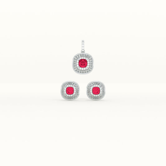 Red Crystal Halo 925 Sterling Silver Pendant Earring Set
