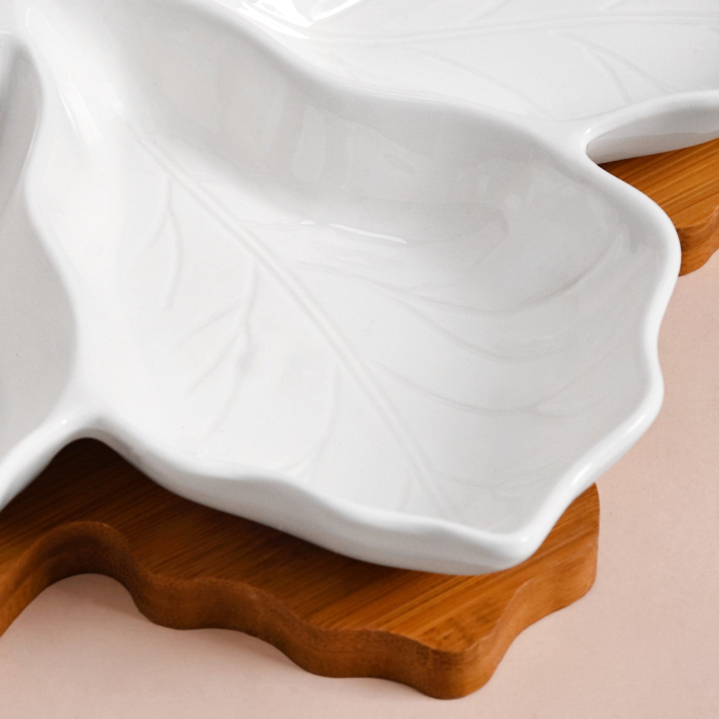 3 Section Leafy Ceramic Plate With Wooden Tray