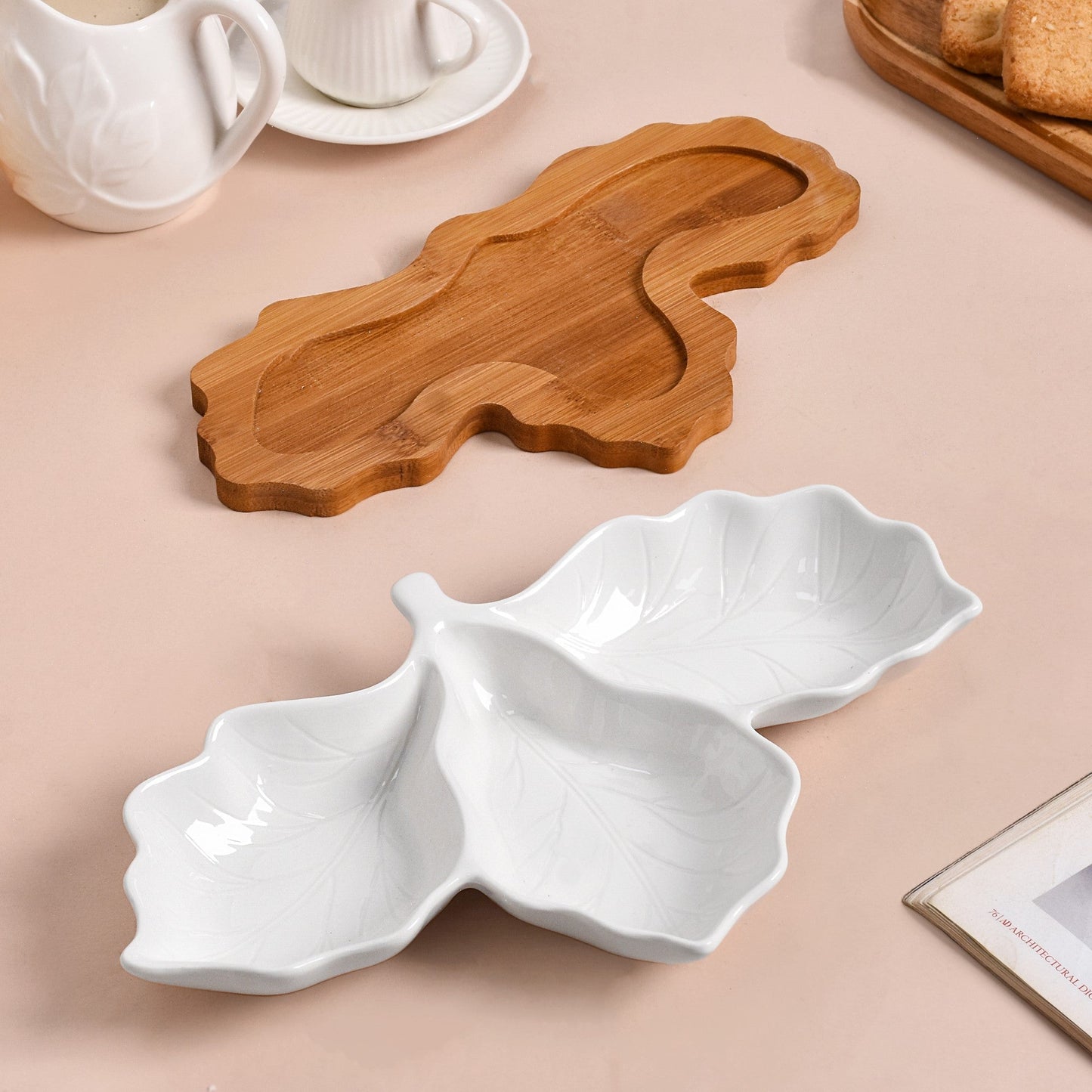 3 Section Leafy Ceramic Plate With Wooden Tray