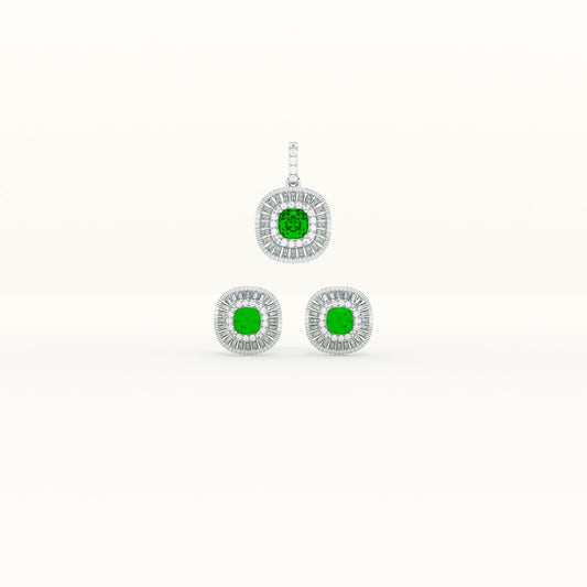Green Crystal Halo 925 Sterling Silver Pendant Earring Set