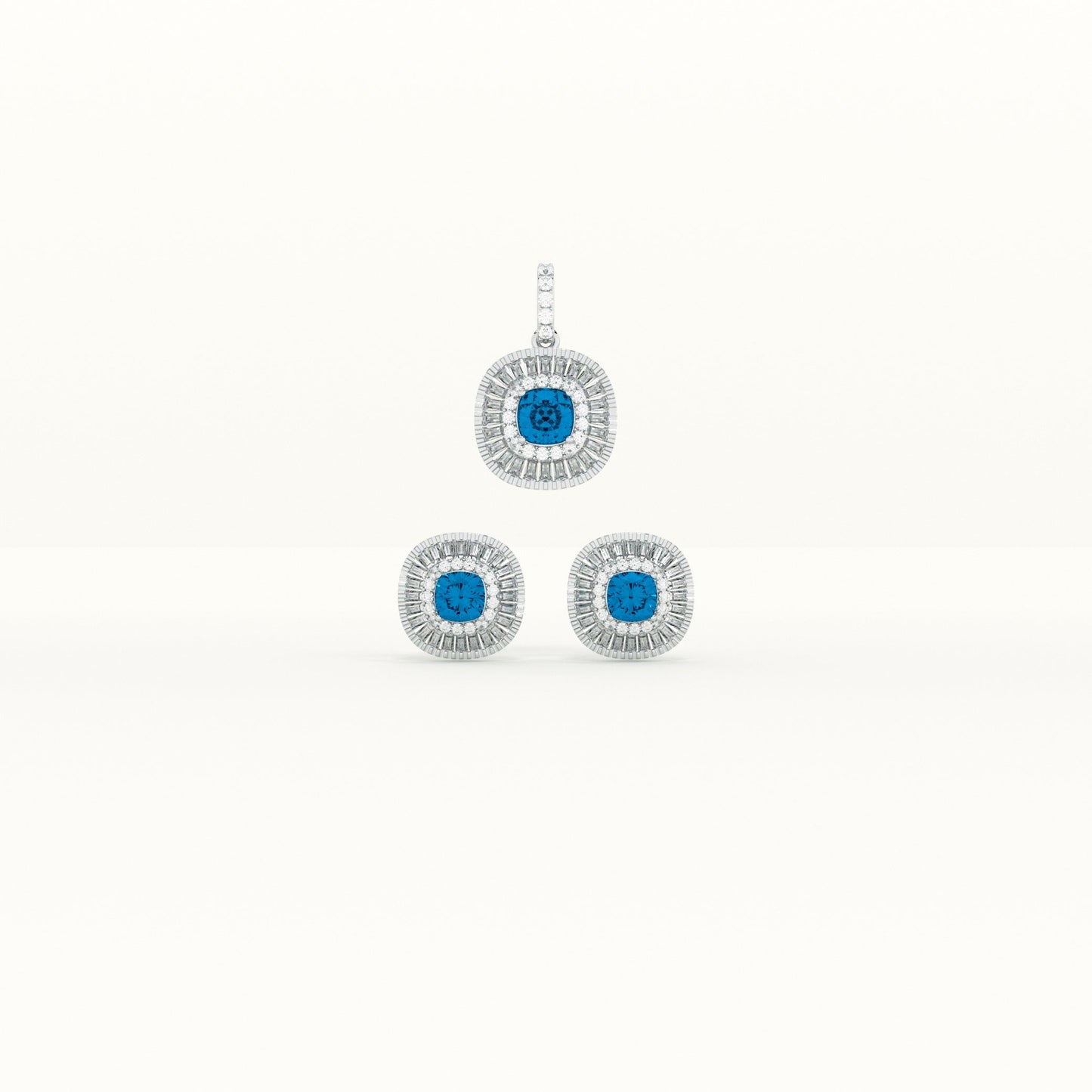 Blue Crystal Halo 925 Sterling Silver Pendant Earring Set