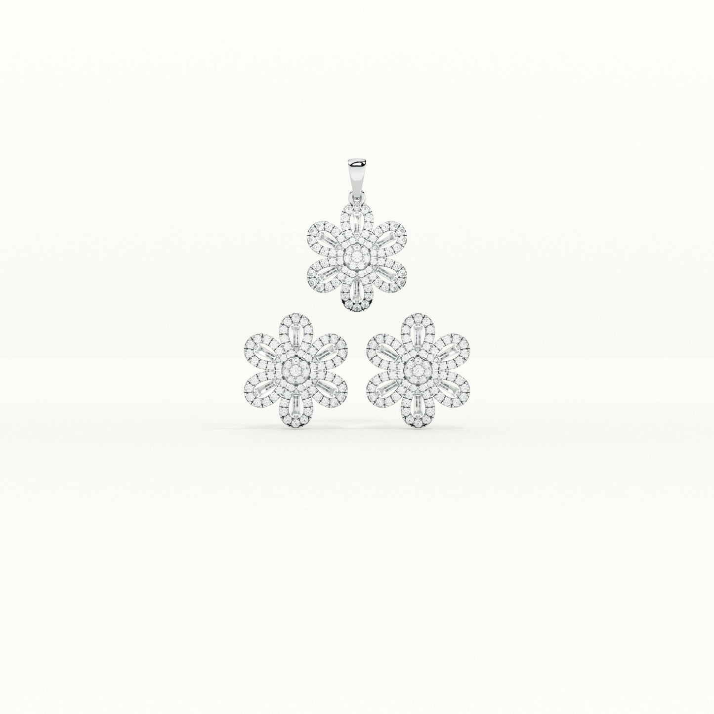 Floral CZ 925 Sterling Silver Pendant and Earring Set