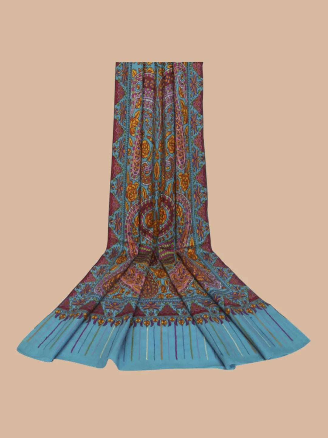 Elegant Handloom Pashmina Shawl Paper Mache Art in Blue Multi