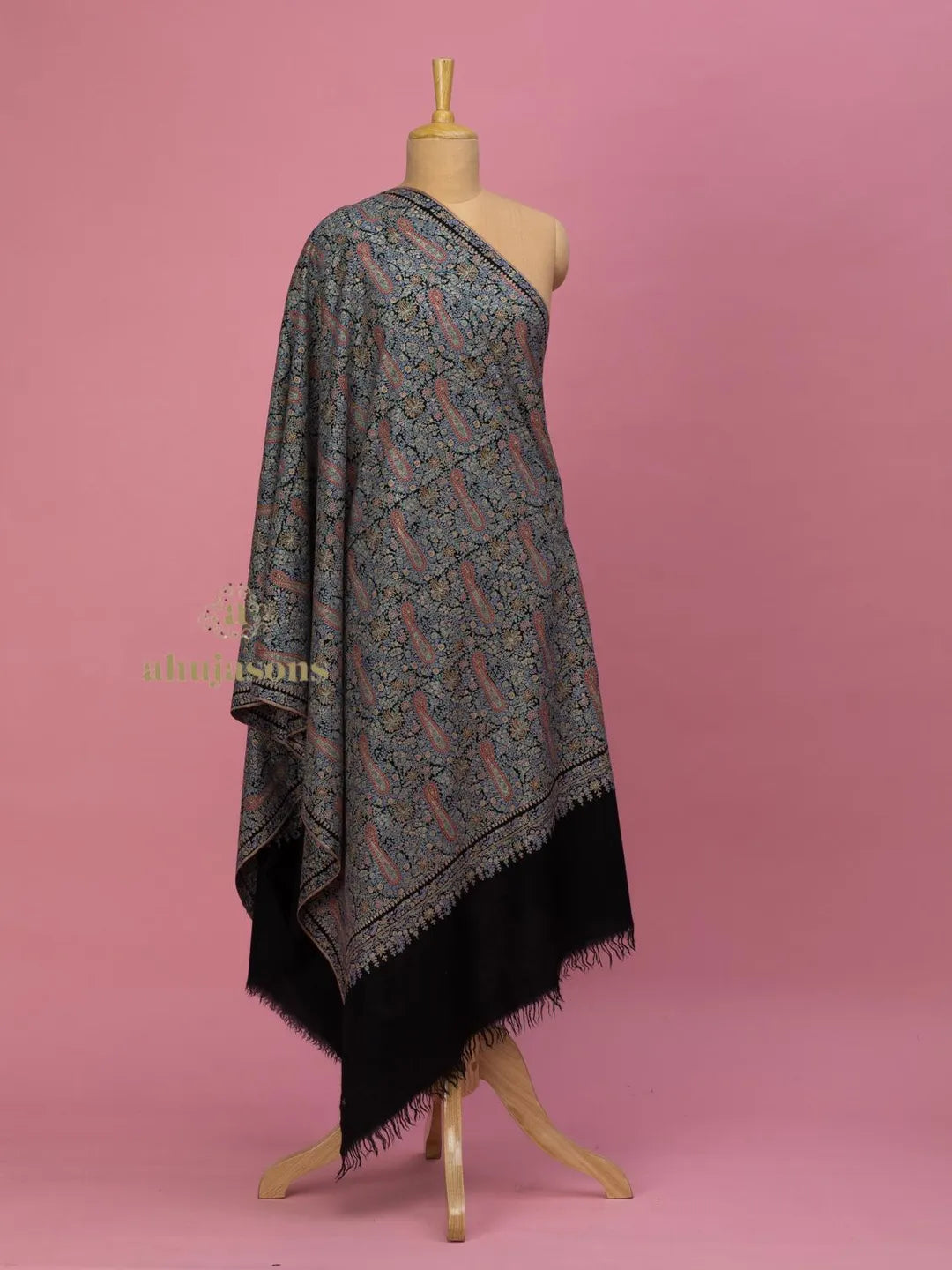 Elegant Handloom Pashmina Shawl Jama Emboidery in Black