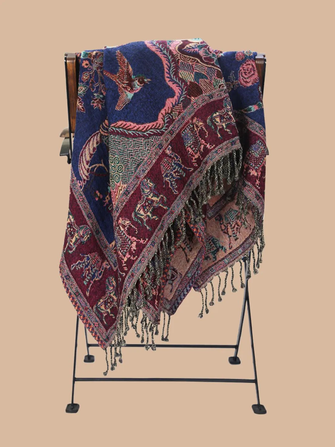 Artisanal Throws Decorative Weave with Jacquard Jamawaar Pattern in Deep Blue