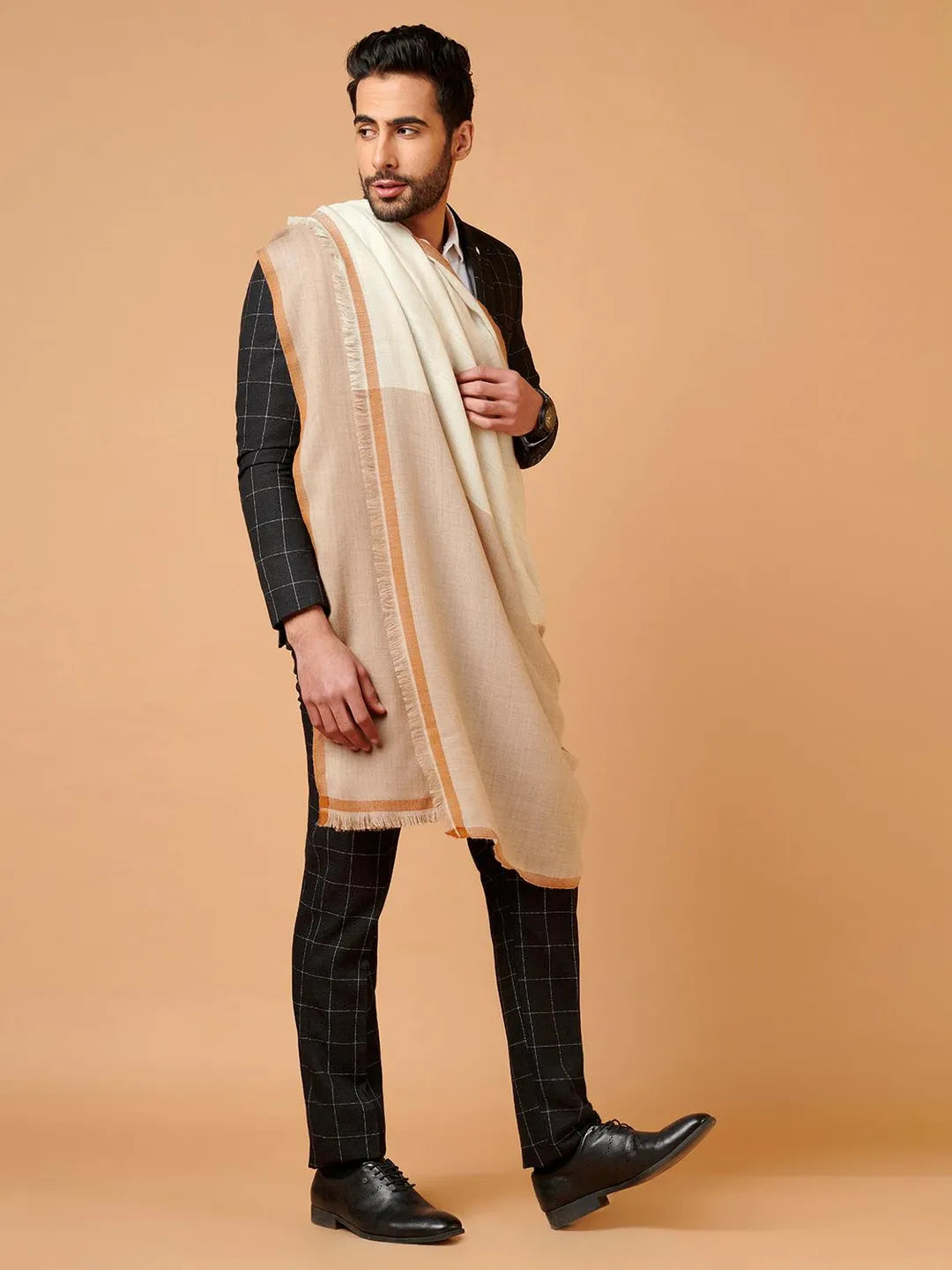 Elegant Shawl Wool Blend with Gents Kaani Pattern in Beige
