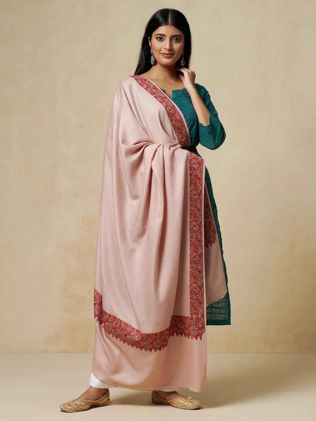 Elegant Shawl Wool Blend with Jamawaar Pattern in Peach