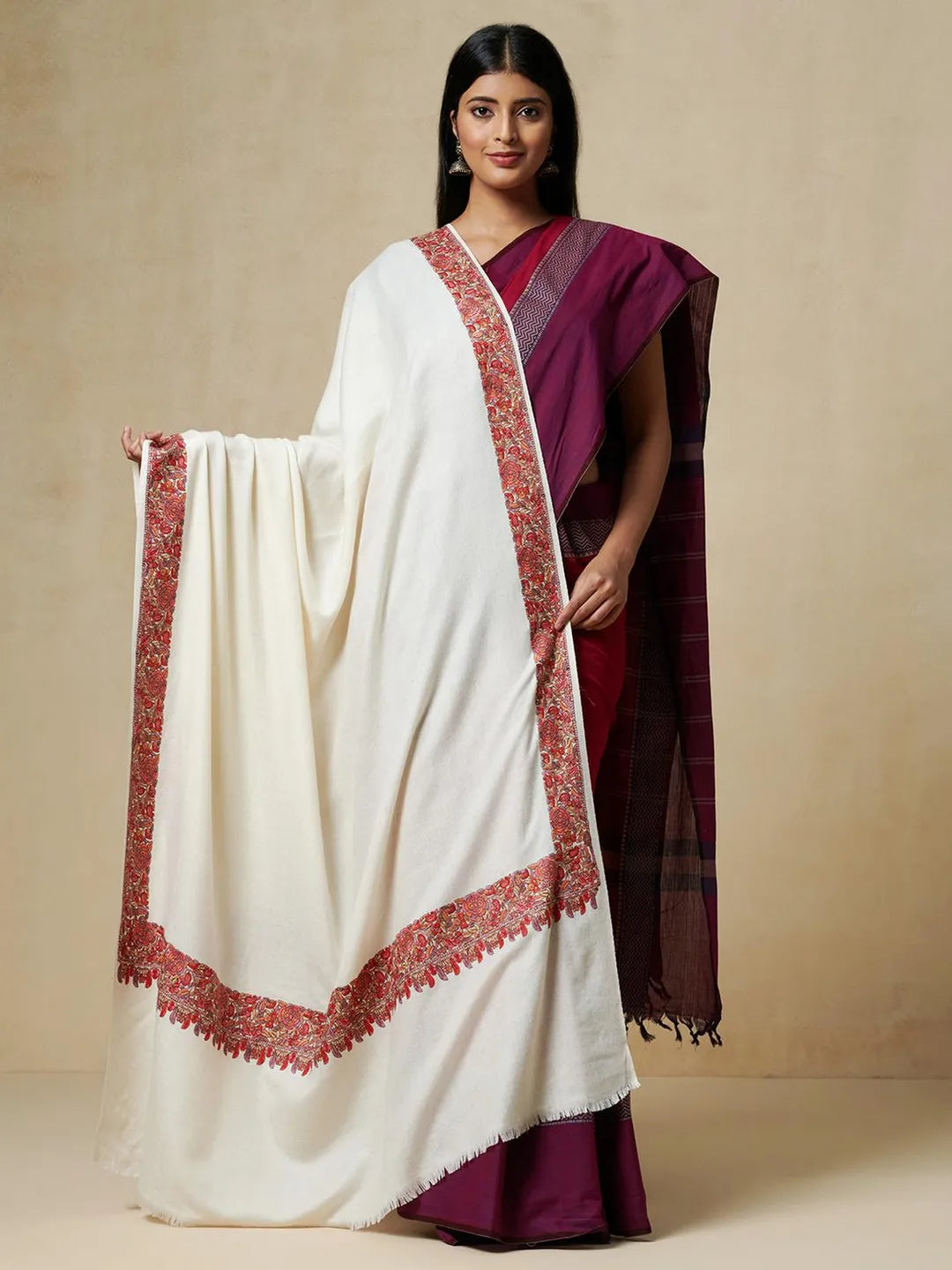 Elegant Shawl Wool Blend with Jamawaar Pattern in White