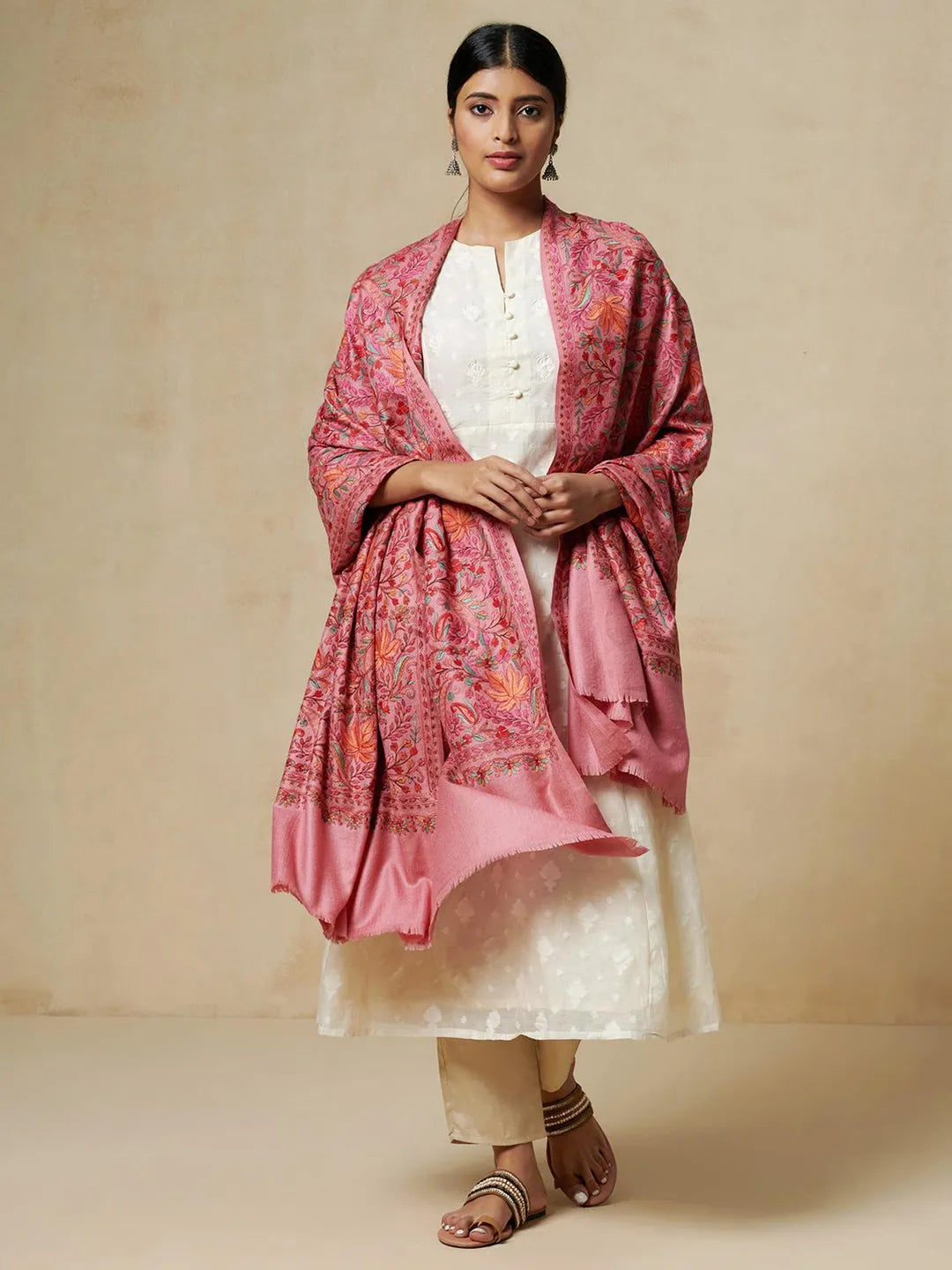 Elegant Shawl Wool Blend with Jamawaar Pattern in Pink