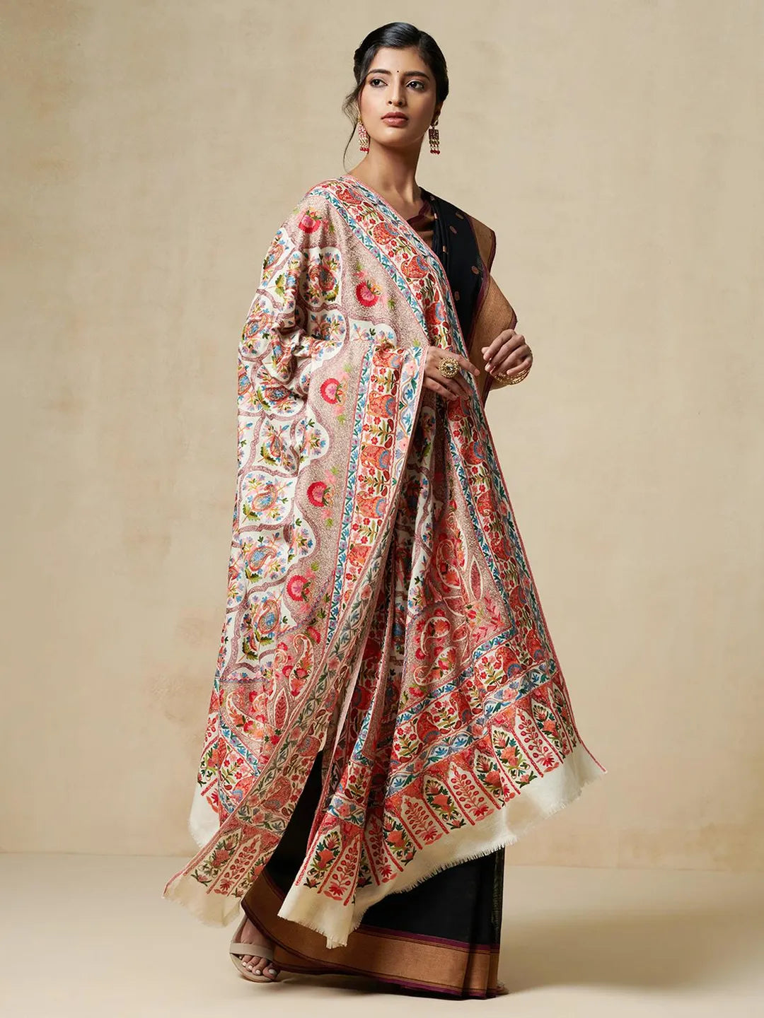 Elegant Shawl Wool Blend with Aari Embroidery Pattern in Beige