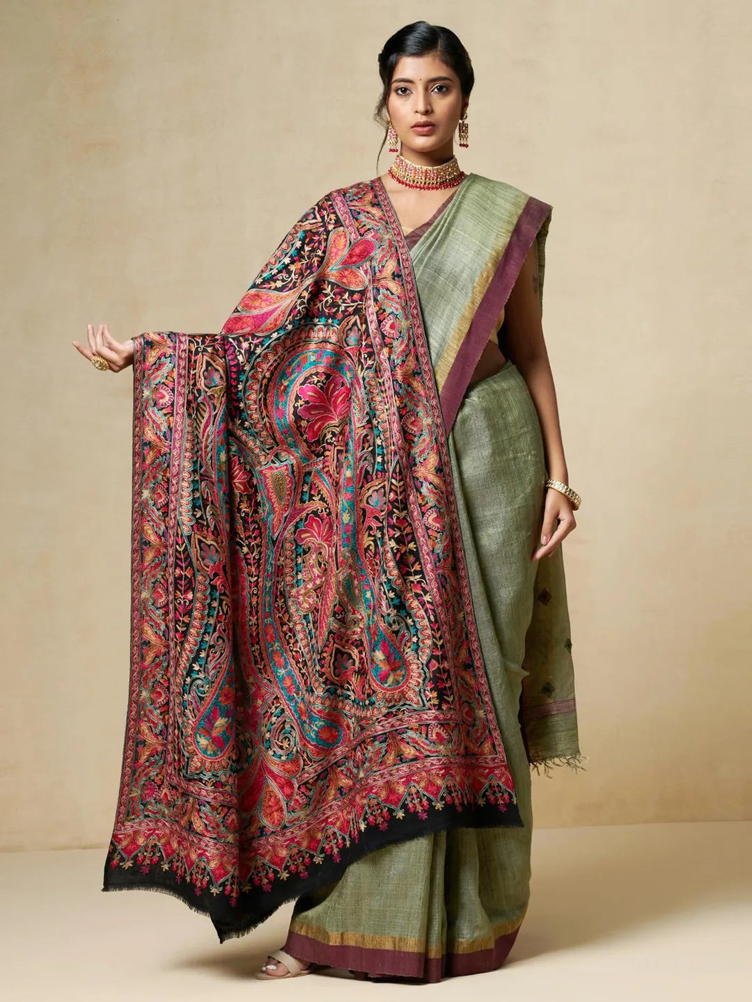Elegant Shawl Wool Blend with Aari Embroidery Pattern in Multi Colour