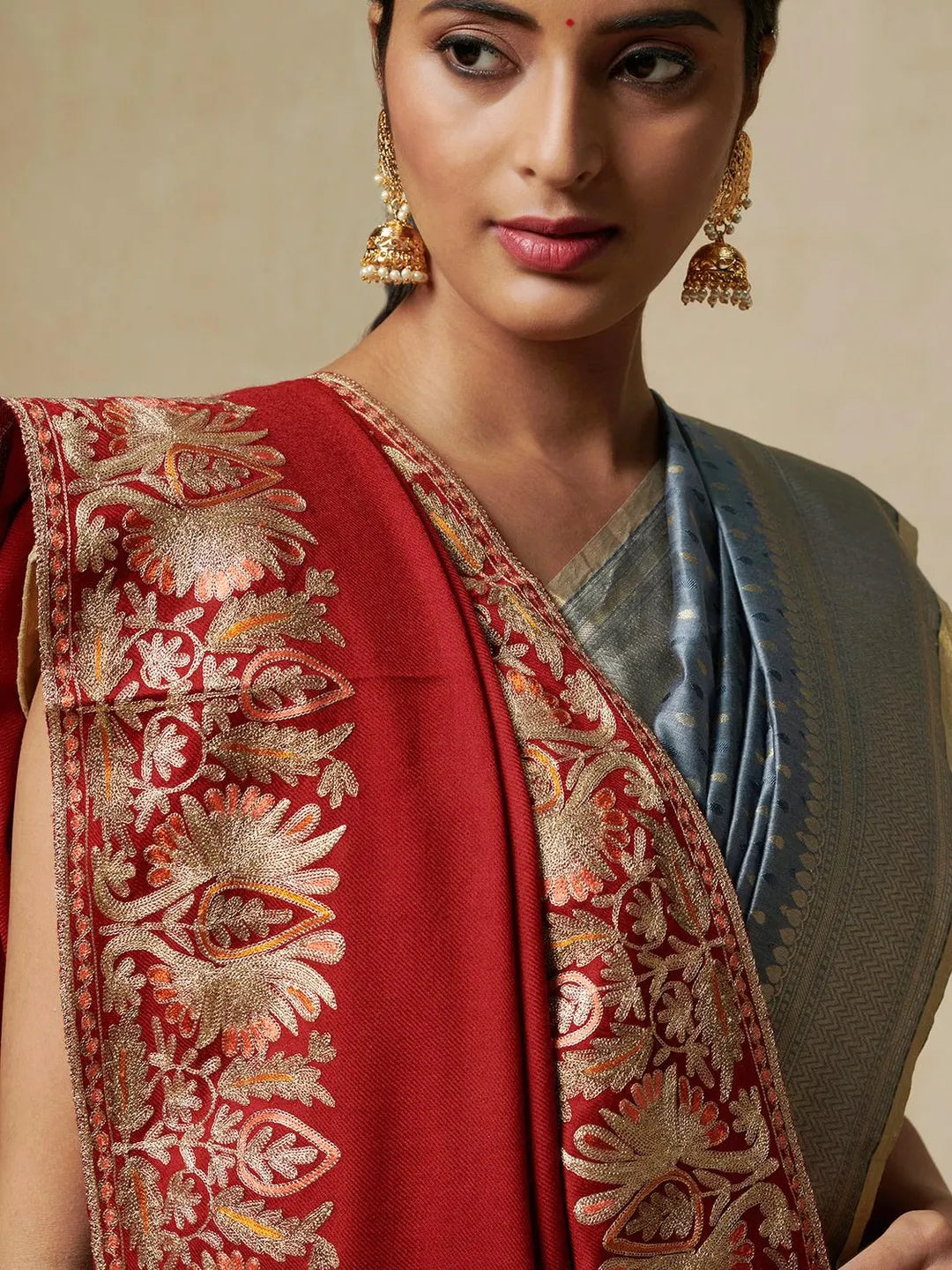Elegant Shawl Wool Blend with Aari Embroidery Pattern in Ruby Red