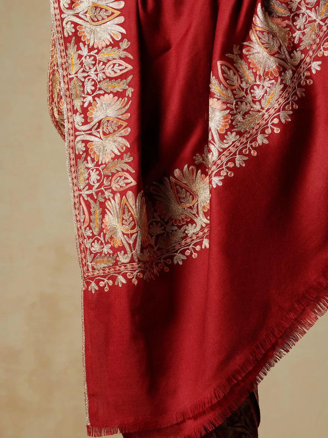 Elegant Shawl Wool Blend with Aari Embroidery Pattern in Ruby Red