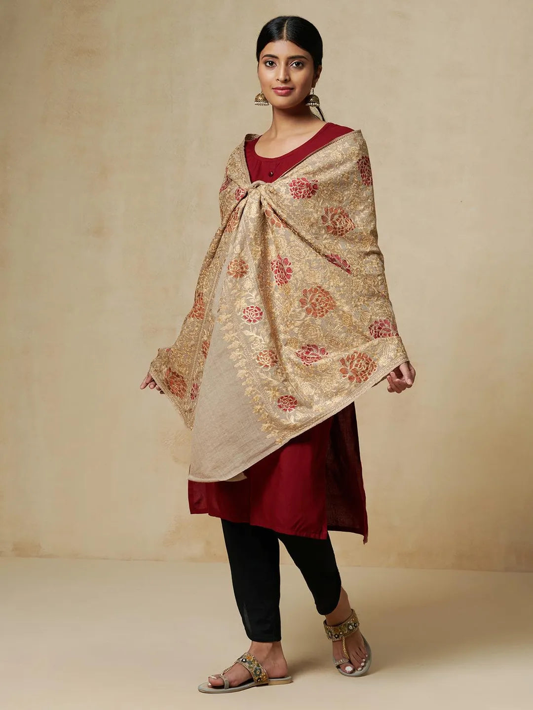 Elegant Stole Wool Blend with Aari Embroidery Pattern in Light Gold