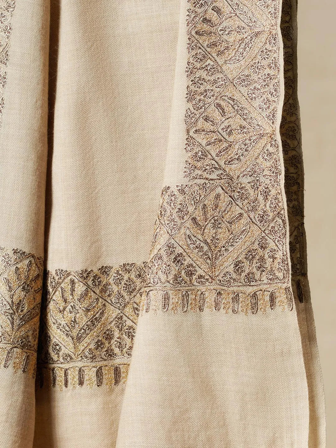 Elegant Stole Wool Blend with Aari Embroidery Pattern in Off- White