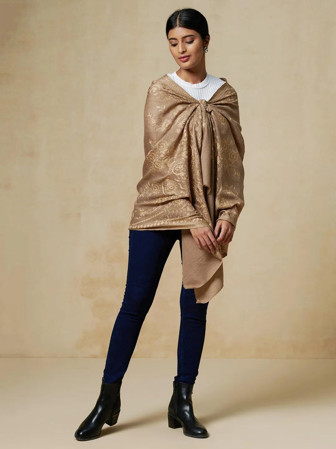 Elegant Stole Wool Blend with Aari Embroidery Pattern in Beige With Suble Golden Pattern