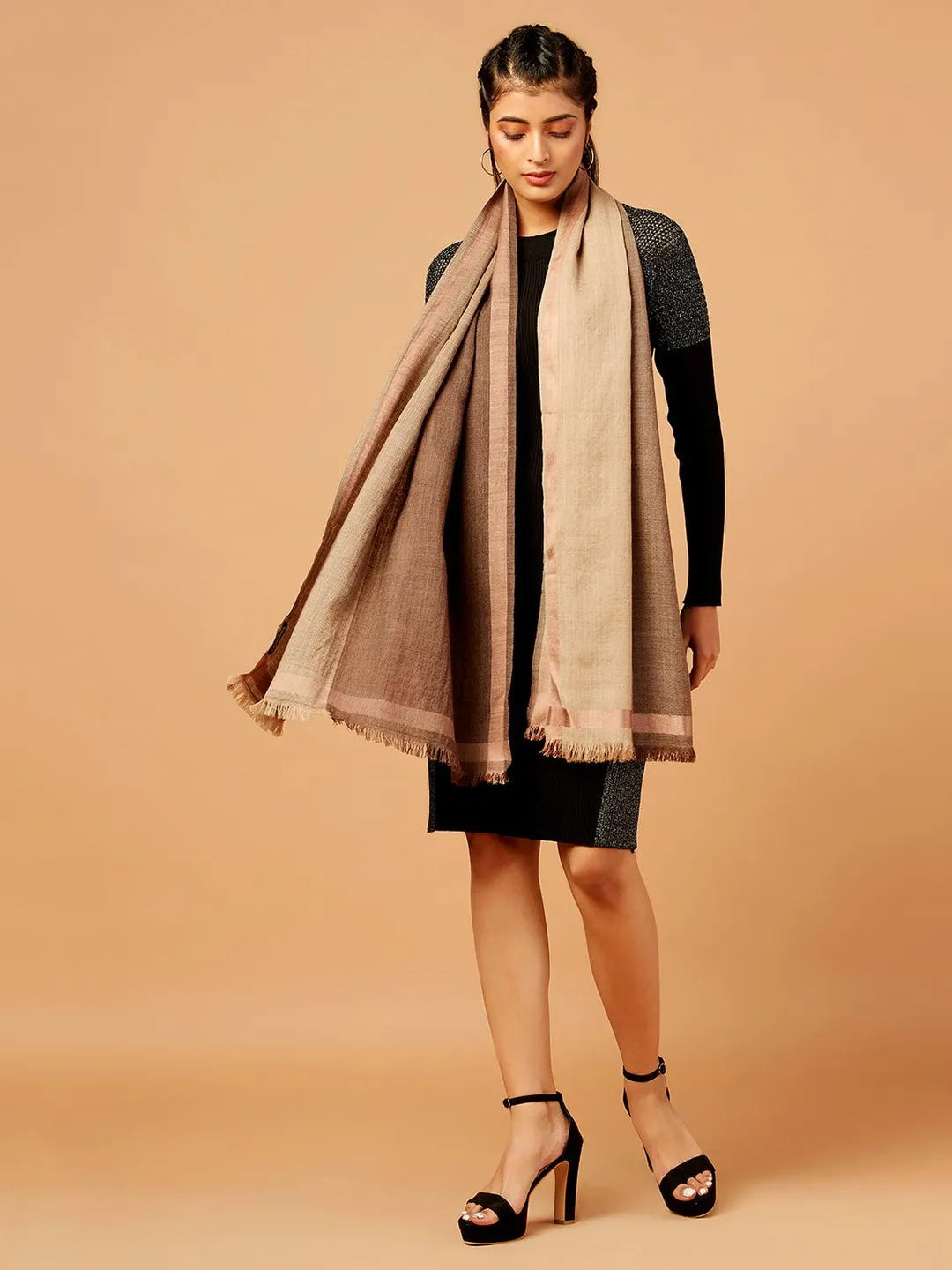 Elegant Stole Wool Blend with Dobby Pattern in Brown & Beige