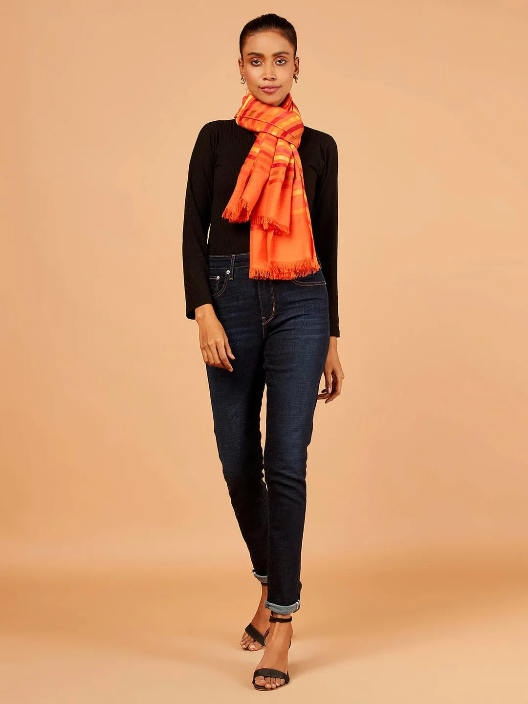 Elegant Stole Wool Blend with Dobby Pattern in Orange