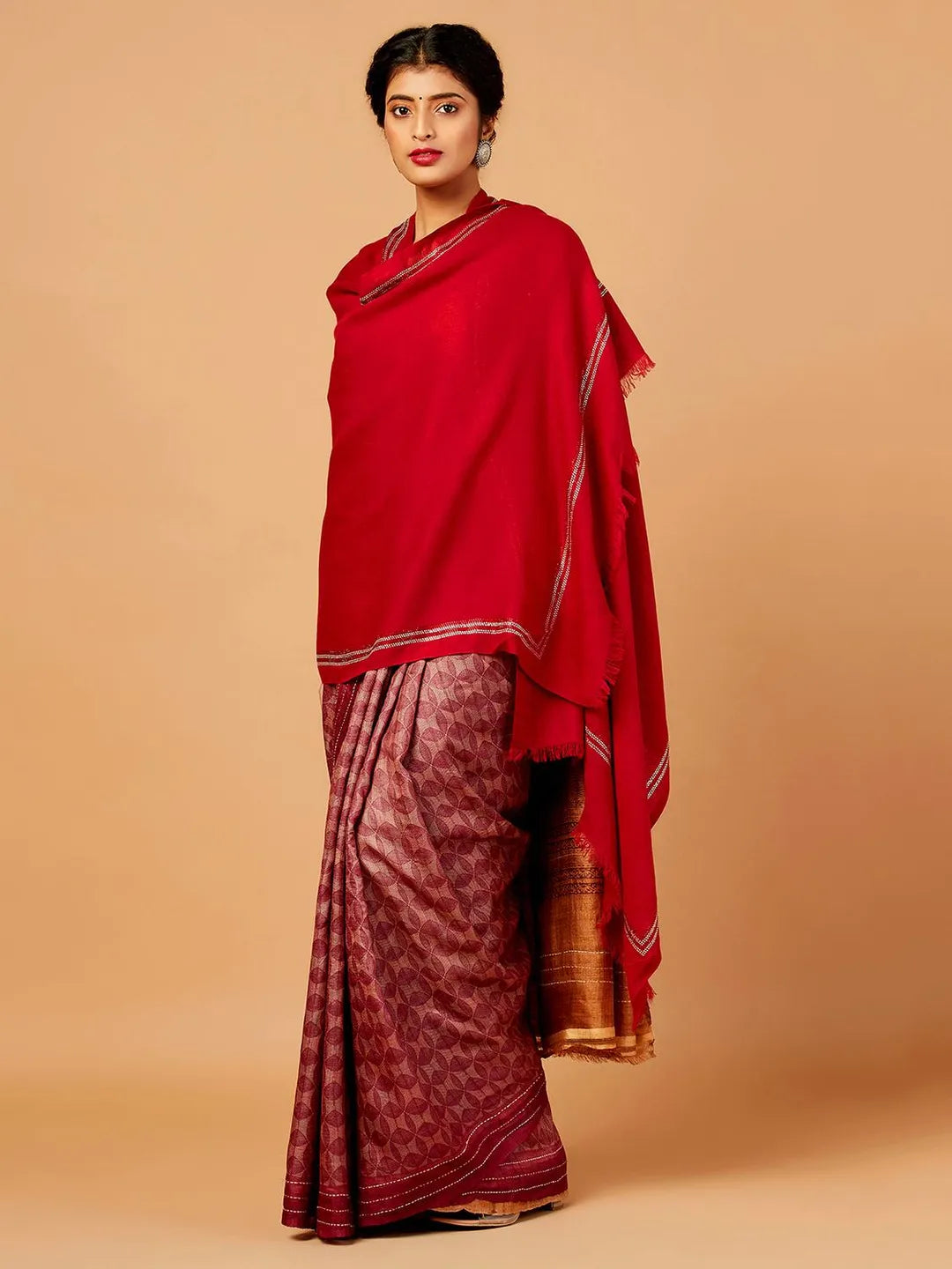 Elegant Stole Wool Blend with Dobby Pattern in Maroon