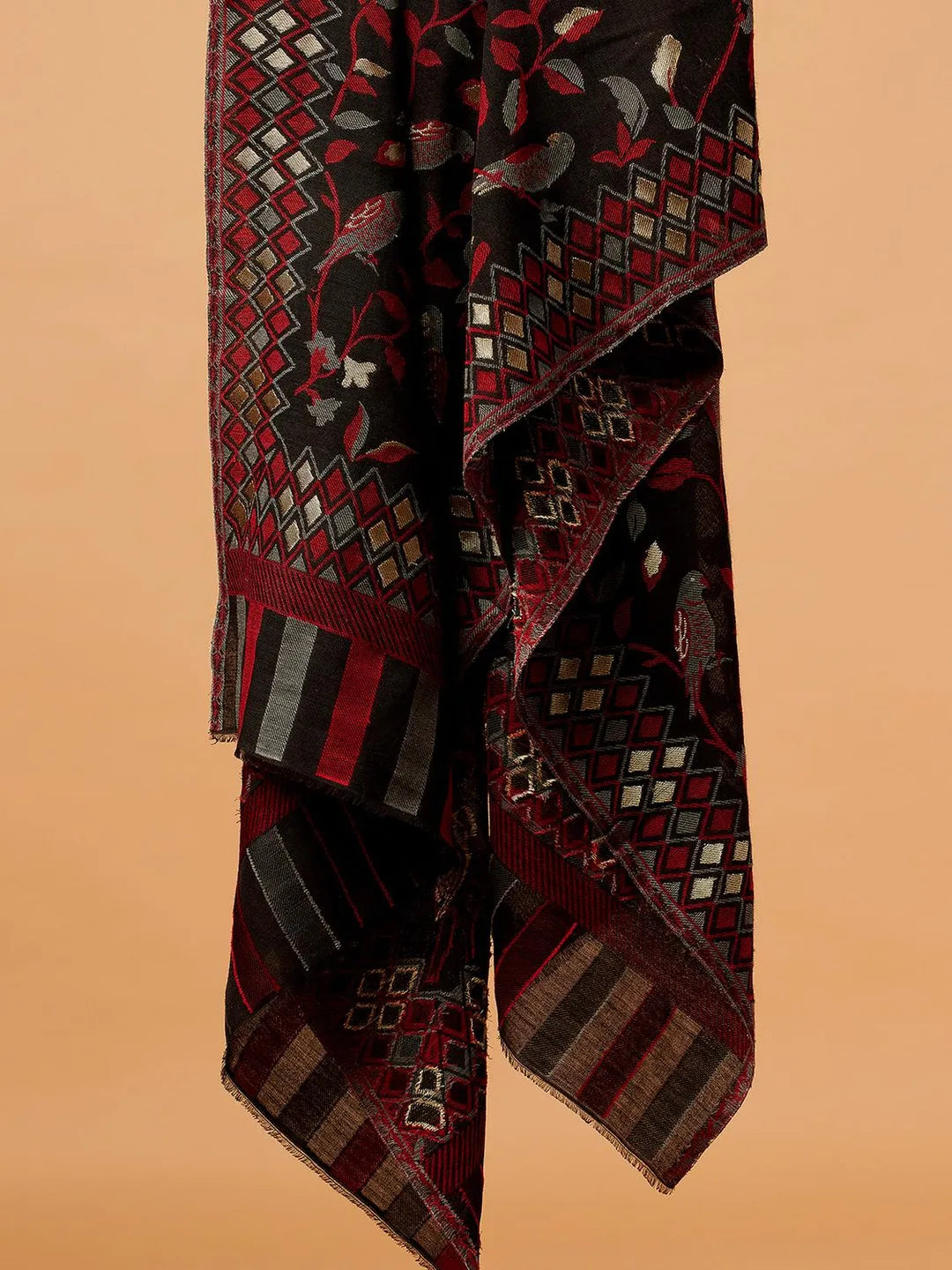 Elegant Stole Wool Blend with Jacquard Pattern in Black