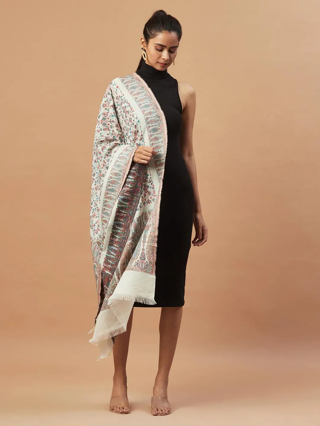 Elegant Stole Wool Blend with Jaal Pattern in Off- White & Multi