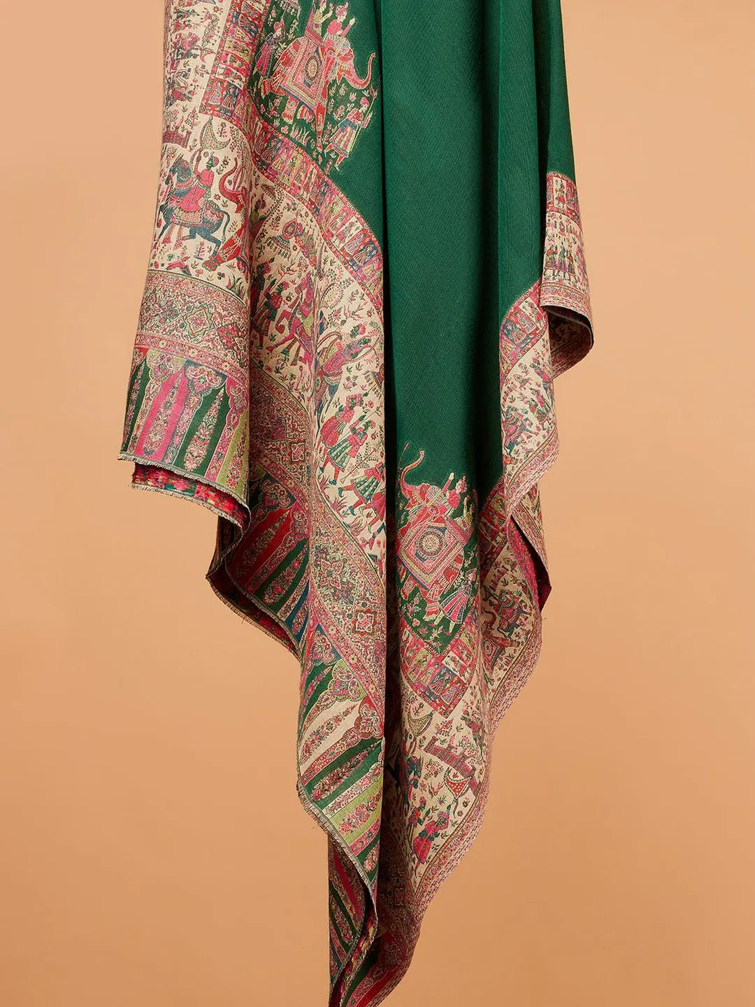 Elegant Shawl Wool Blend with Jacquard Pattern in Green