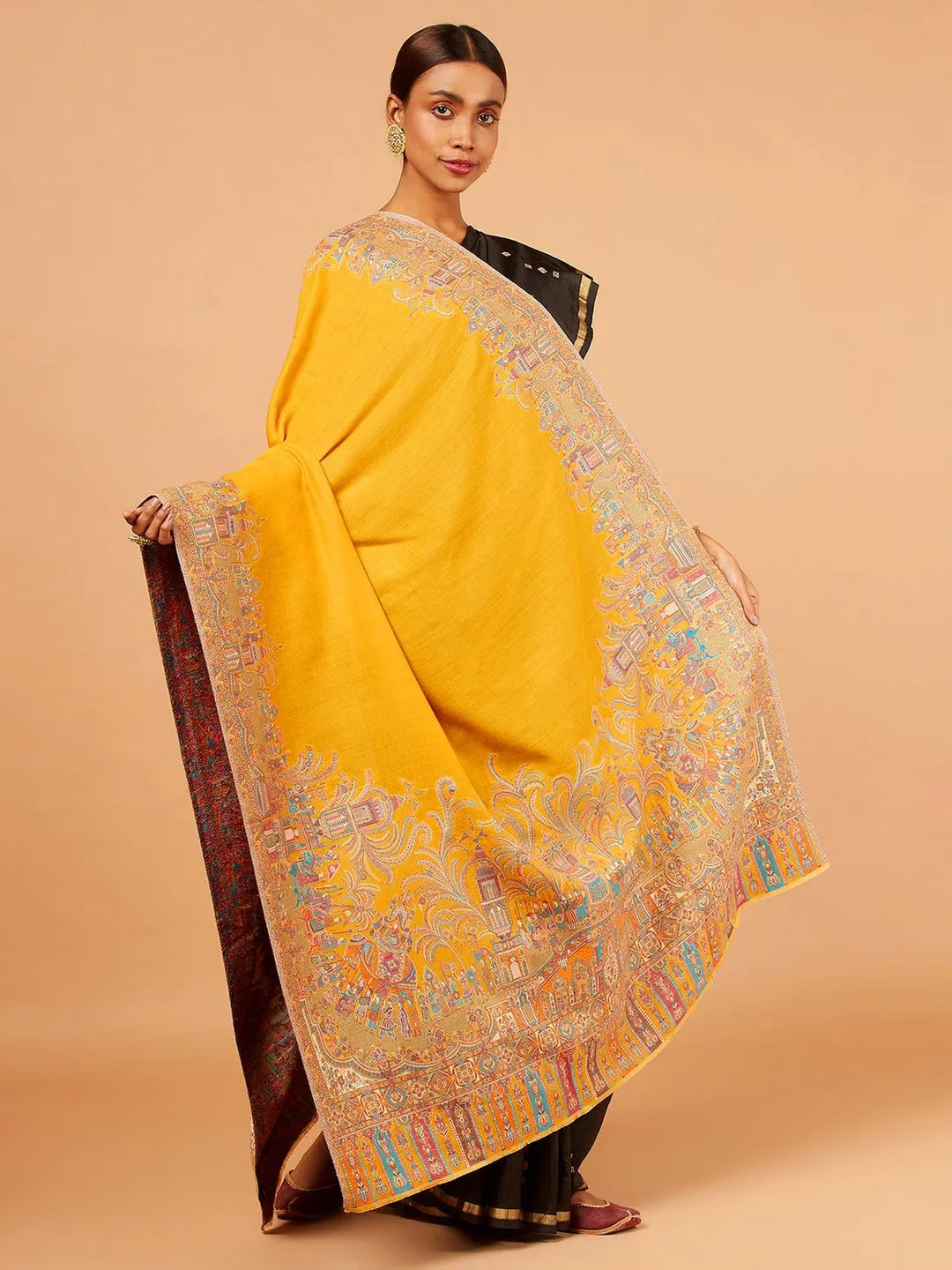 Elegant Shawl Wool Blend with Jacquard Pattern in Yellow