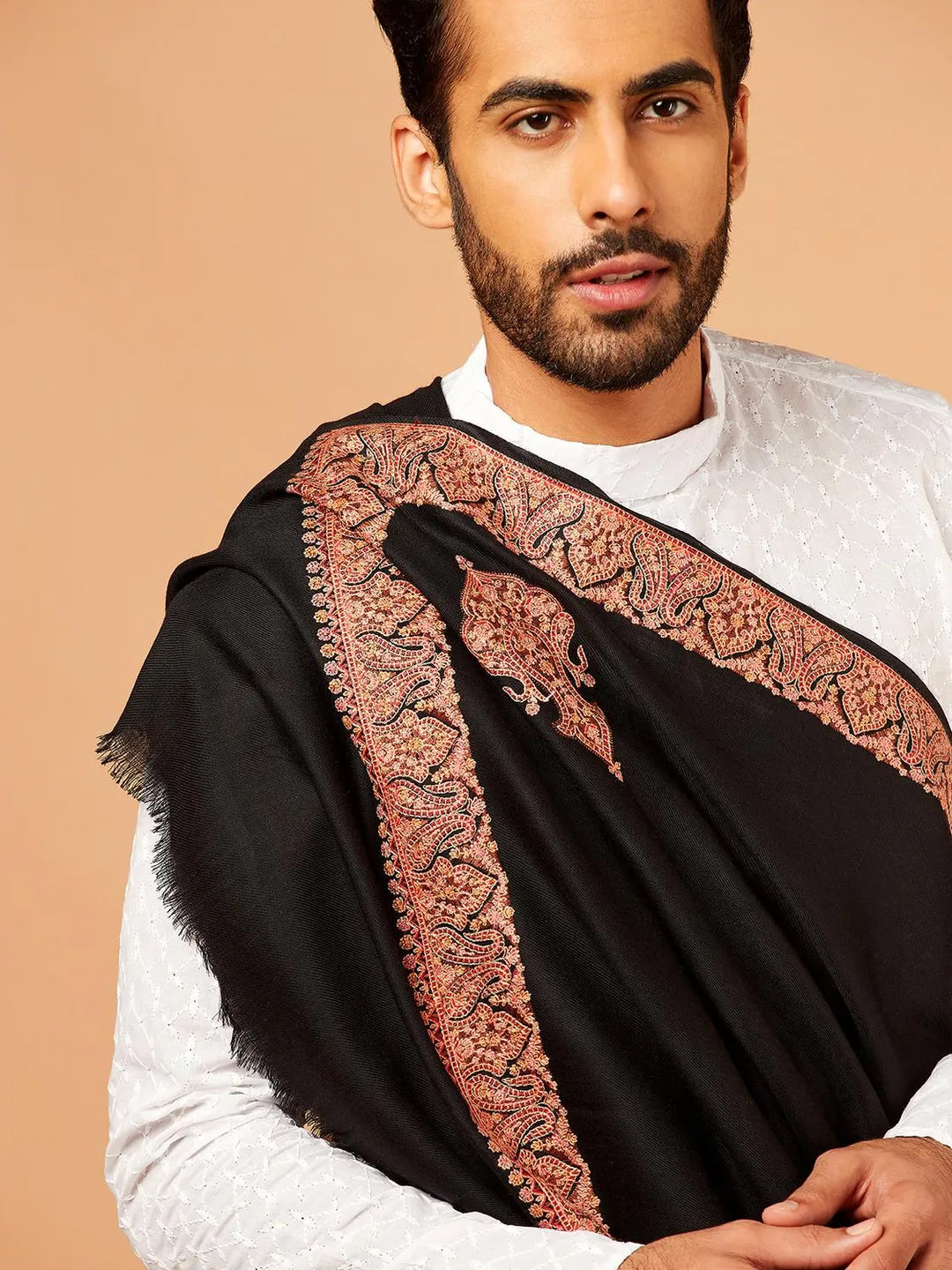 Elegant Shawl Wool Blend with Border Pattern in Black