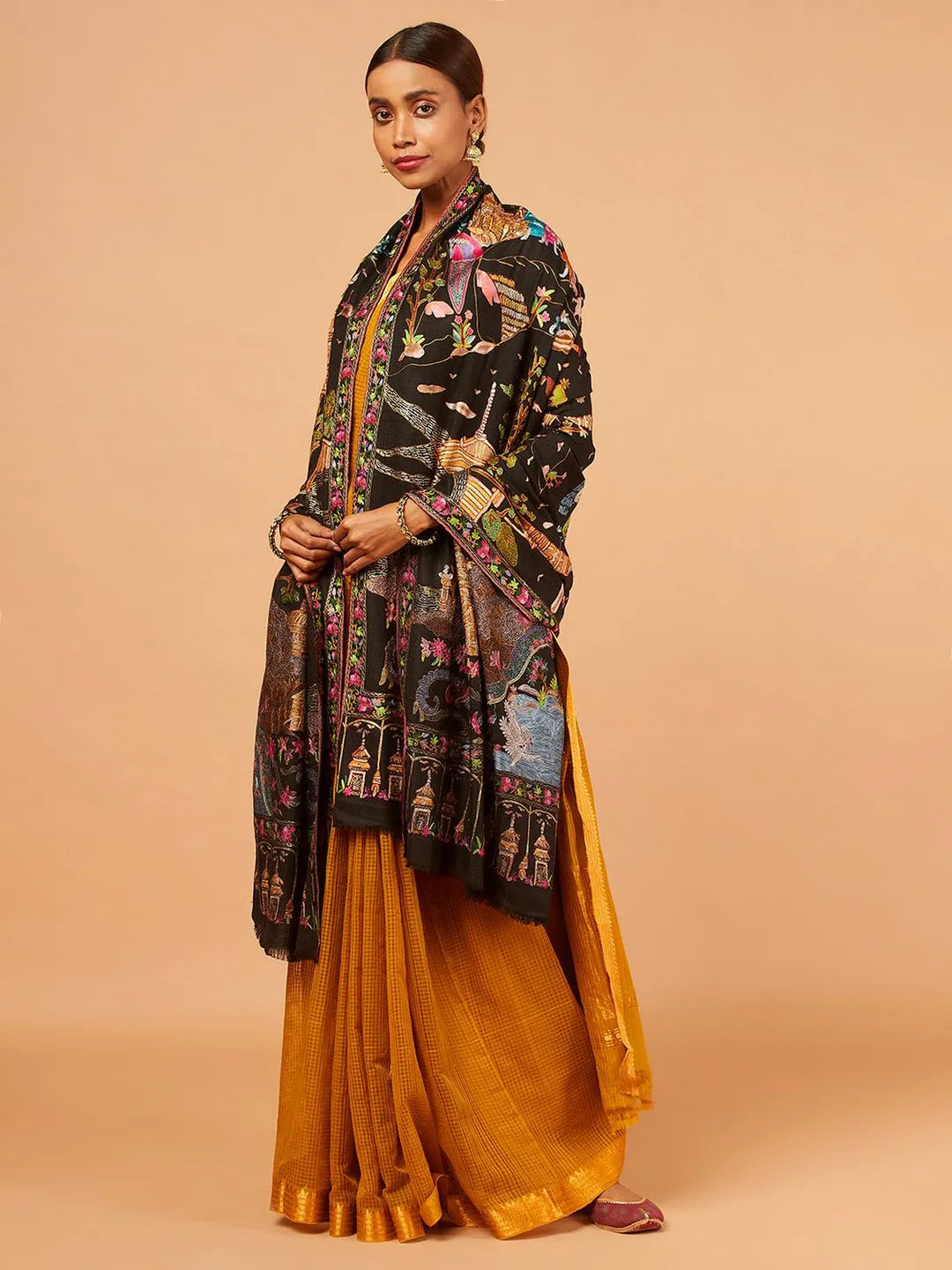 Elegant Shawl Wool Blend with Aari Embroidery Pattern in Black