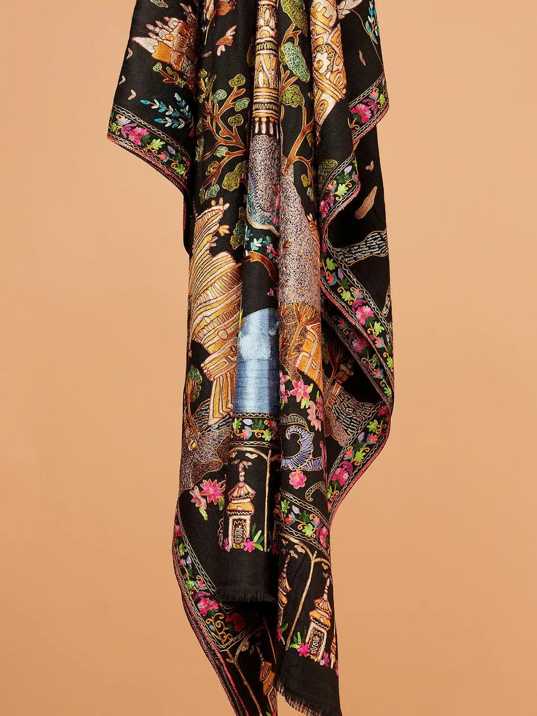 Elegant Shawl Wool Blend with Aari Embroidery Pattern in Black