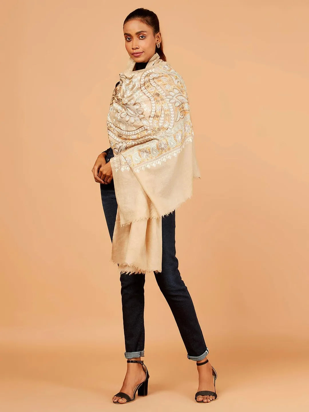 Elegant Stole Wool Blend with Kaani With Aari Embroidery Pattern in Beige