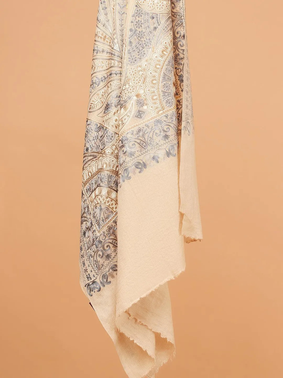 Elegant Stole Wool Blend with Kaani With Aari Embroidery Pattern in Beige