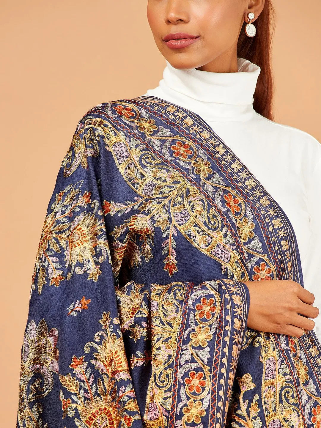 Elegant Stole Wool Blend with Kaani With Aari Embroidery Pattern in Blue