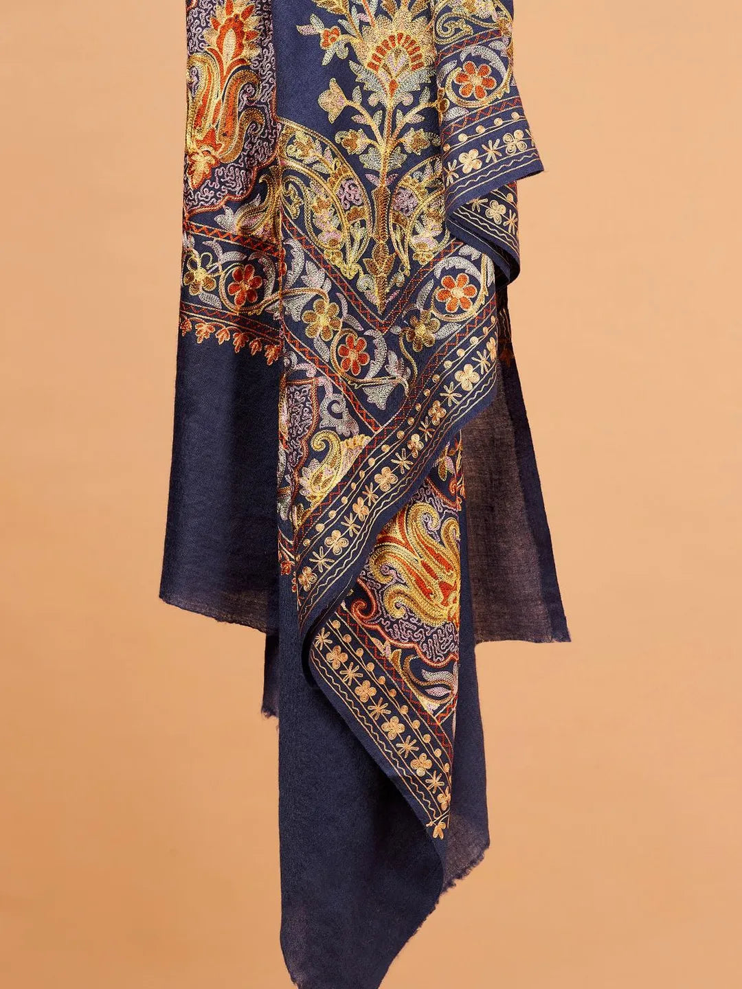 Elegant Stole Wool Blend with Kaani With Aari Embroidery Pattern in Blue