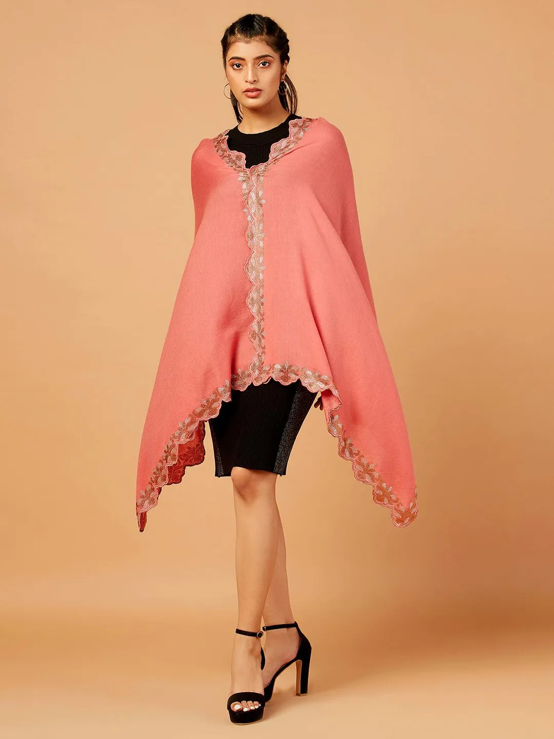 Elegant Stole Wool Blend with Dobby Pattern in Orange