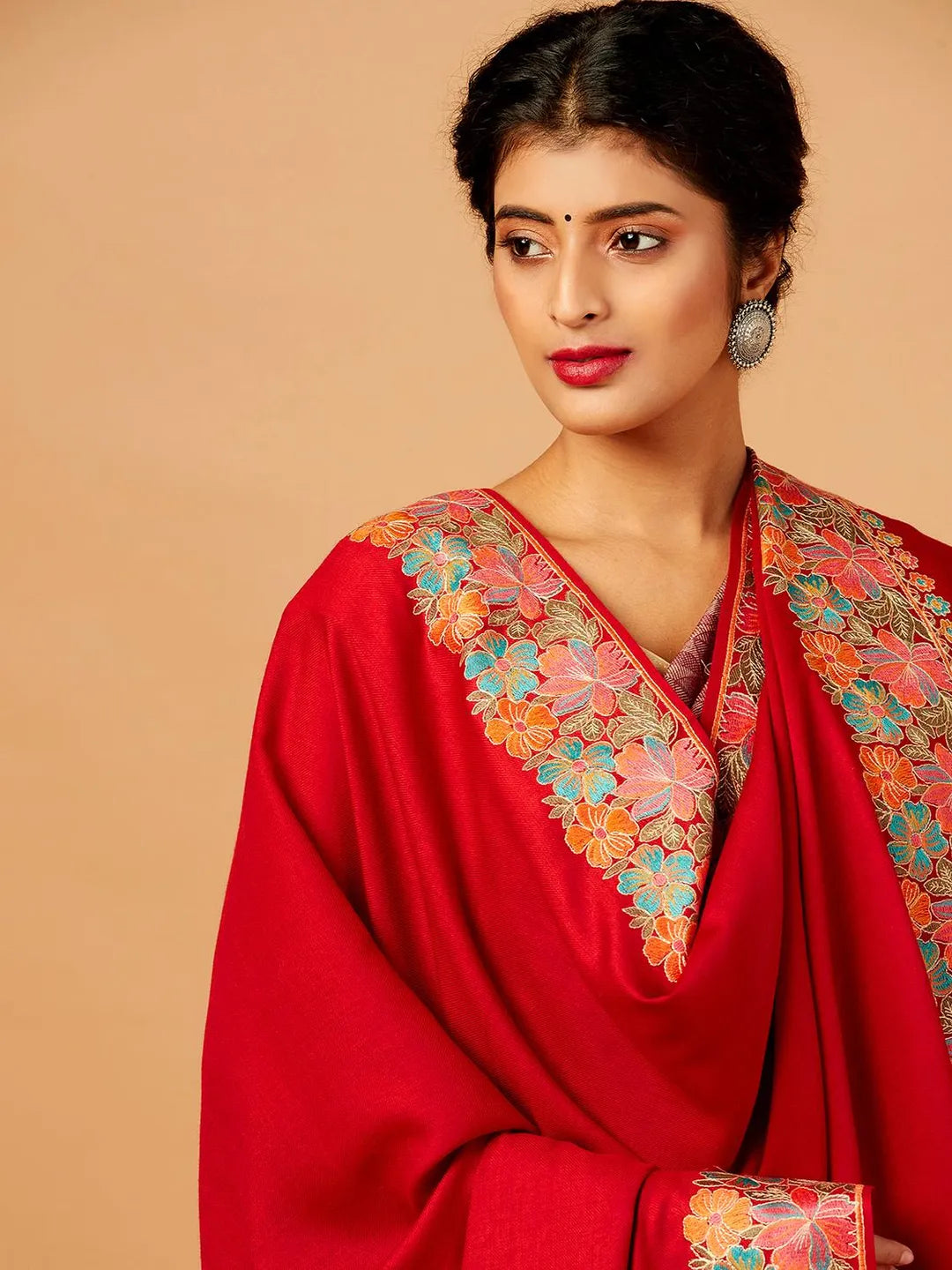 Elegant Shawl Wool Blend with Aari Embroidery Pattern in Red