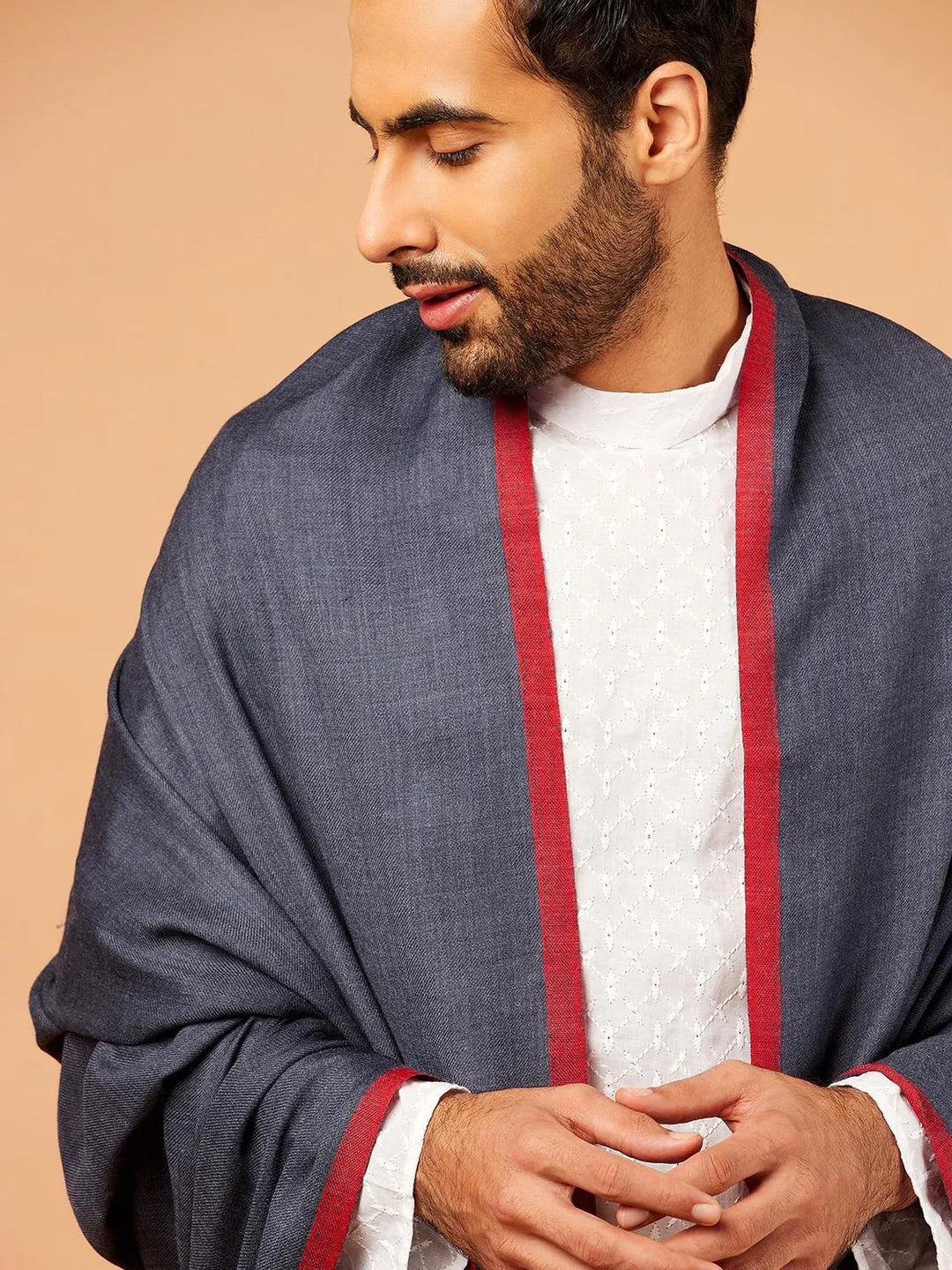 Elegant Shawl Wool Blend with Gents Red Border Pattern in Charcoal Black