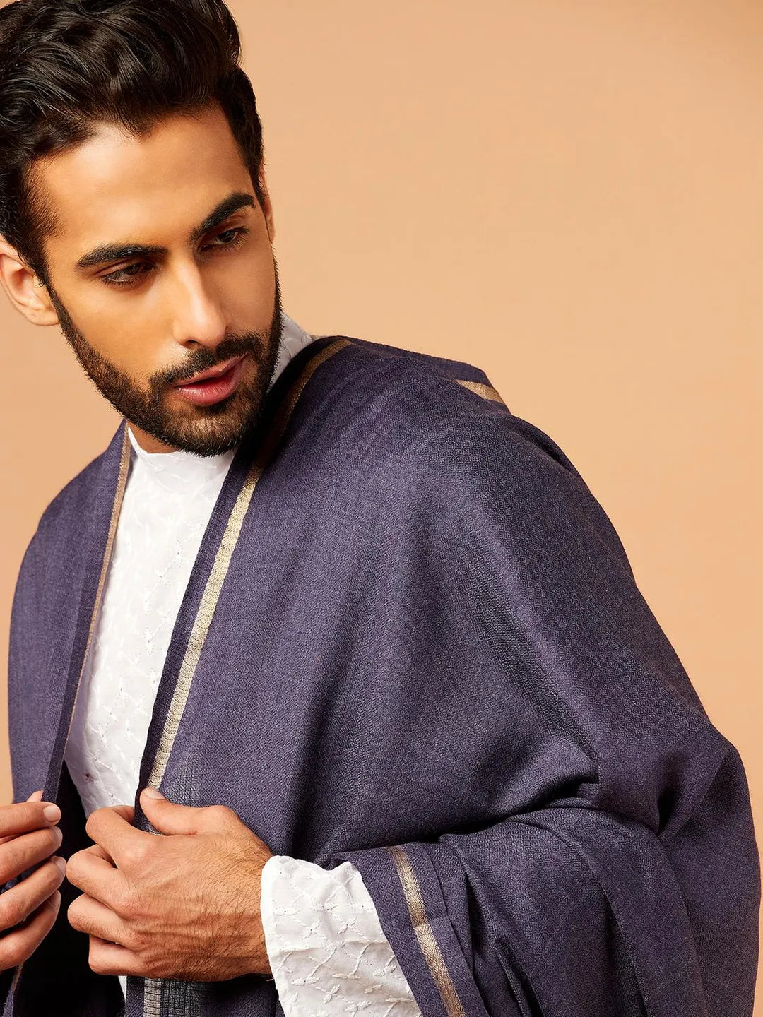 Elegant Shawl Wool Blend with Gents Golden Border Pattern in Charcoal Black