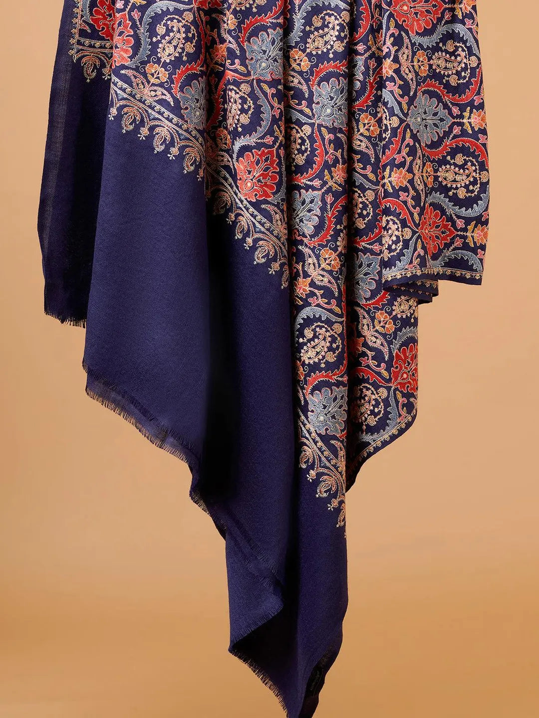 Elegant Shawl Wool Blend with Aari Embroidery Pattern in Blue