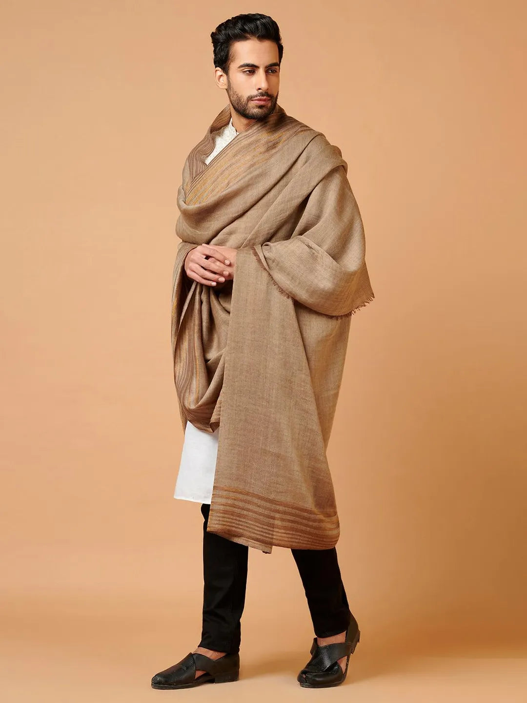 Elegant Shawl Wool Blend with Stripe Border Pattern in Beige