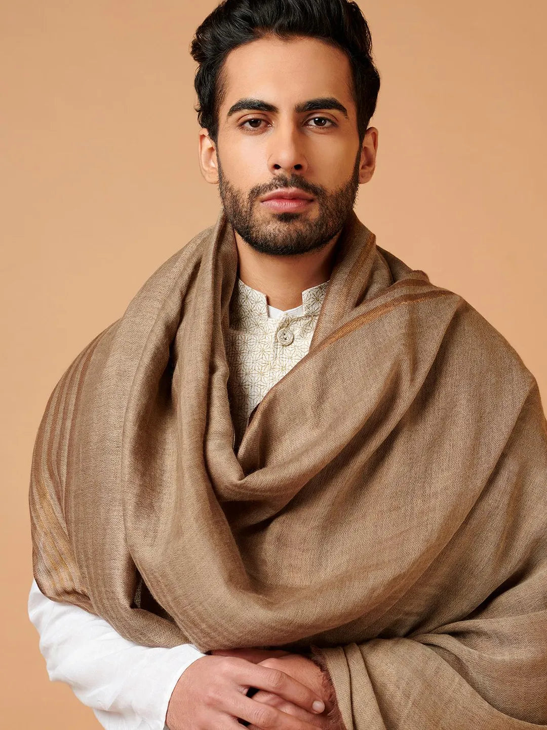 Elegant Shawl Wool Blend with Stripe Border Pattern in Beige