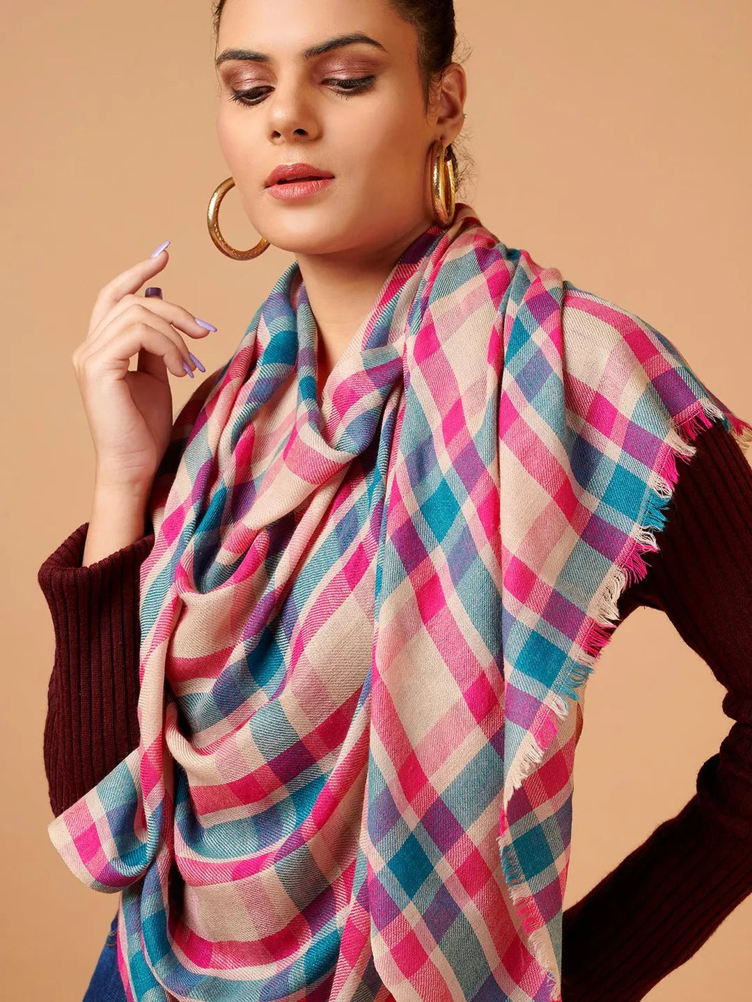 Elegant Stole Wool Blend with Check Pattern in Multi
