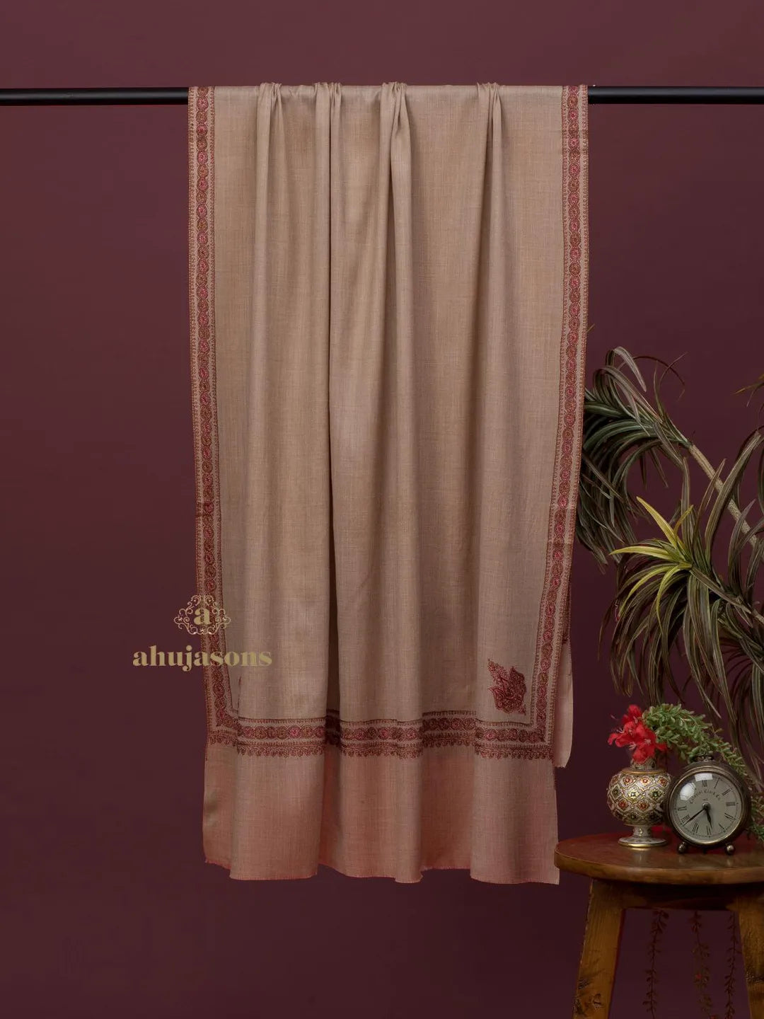 Elegant Cashmina Shawl with Hashia Pattern in Beige