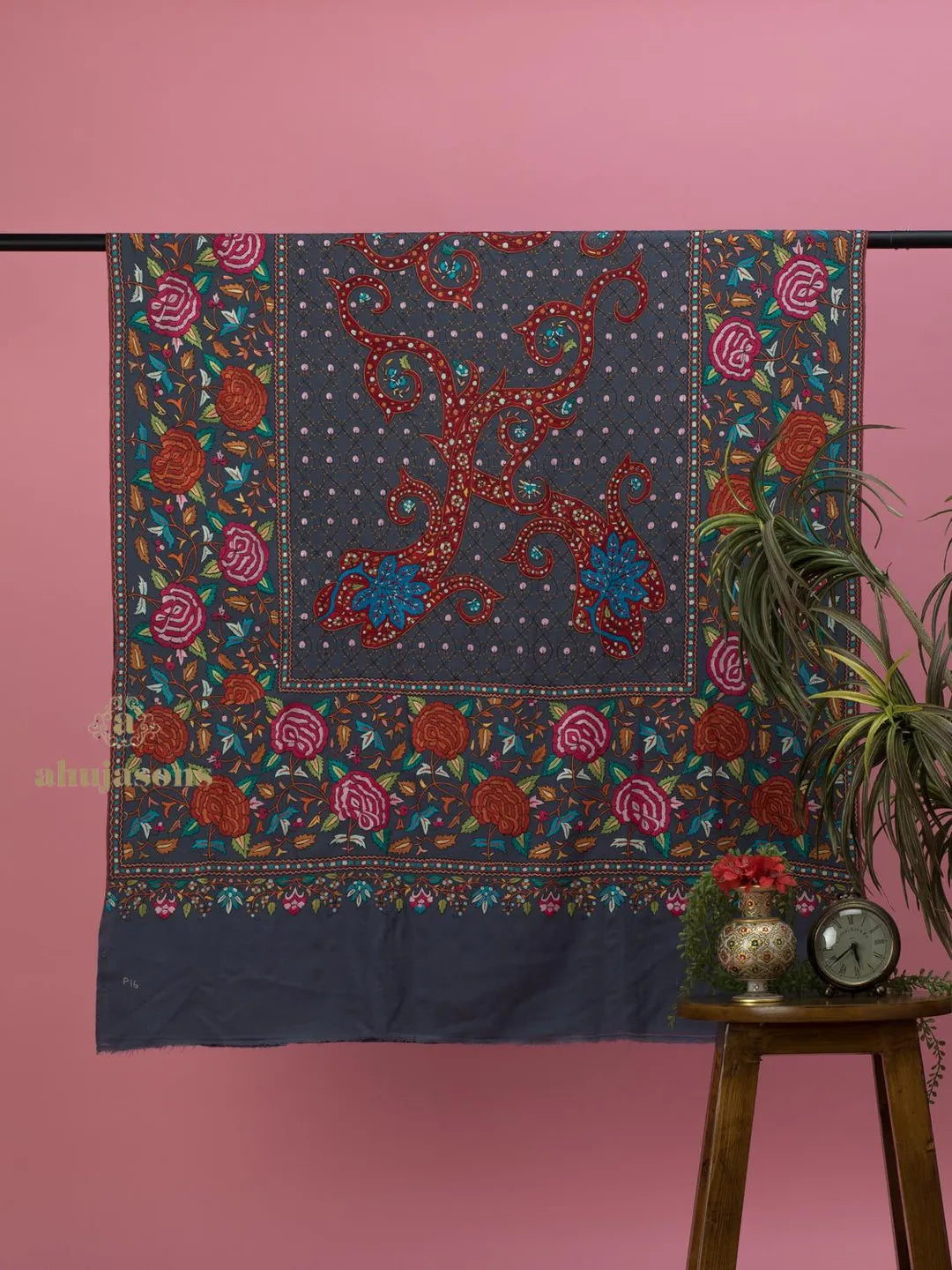 Elegant Handloom Pashmina Shawl Paper Mache Art in Grey