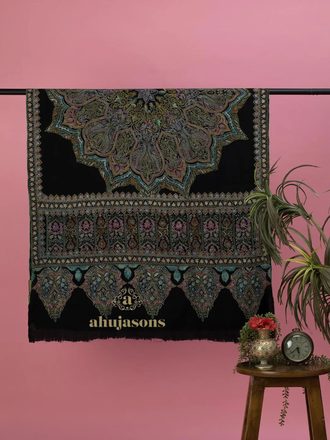 Elegant Handloom Pashmina Shawl Paper Mache Art in Black